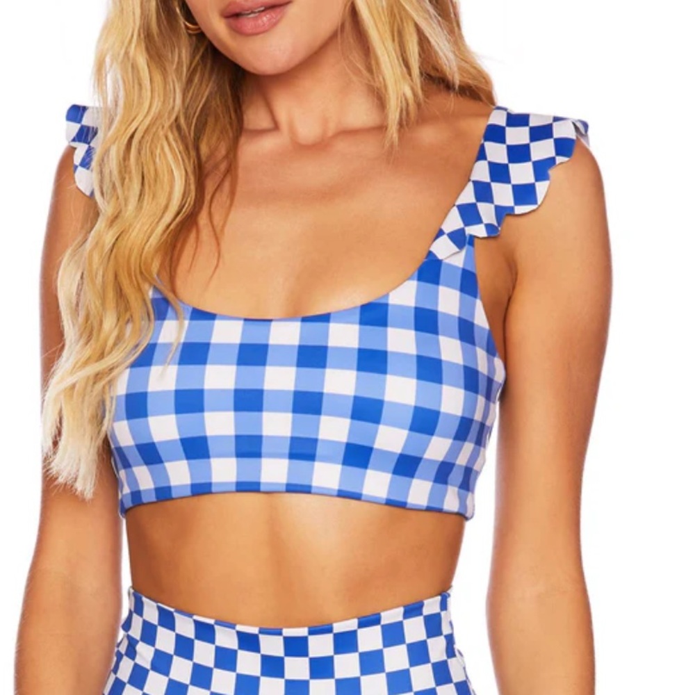 Beach Riot Blue and White Gingham Ruffle Strap Sports Bra Swim Suit Active Top M